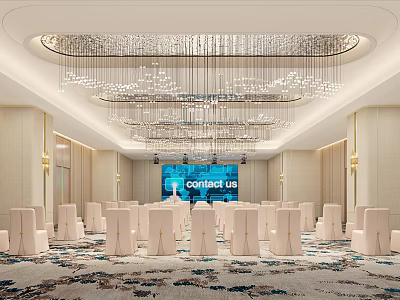 Luxurious Modern Conference Room With Crystal Chandelier And White Chairs Arranged Neatly 3d model