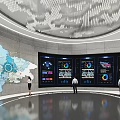 Modern Exhibition Hall Featuring Large Regional Map Multiple Digital Screens Data Charts And People Interacting 3d model