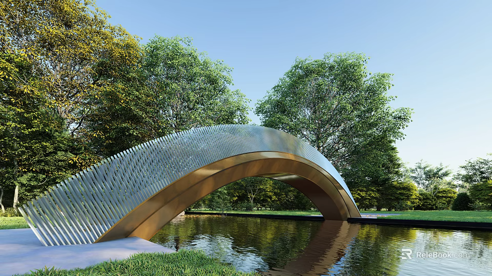 Modern Arched Metal Bridge Over Calm Pond Surrounded By Green Trees 3d model 
