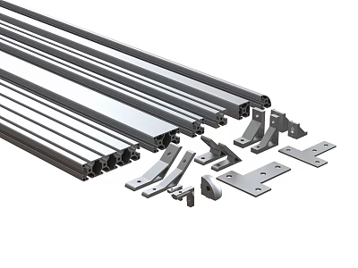Aluminum Extrusion Profiles With Various Industrial Hardware Fittings And Structural Brackets 3d model
