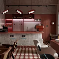 Chic Restaurant Interior With Concrete Walls Arched Windows Red Chimney And Circular Floor