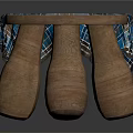 Round Stool With Blue Plaid Fabric Cover And Terracotta Drum Shaped Legs