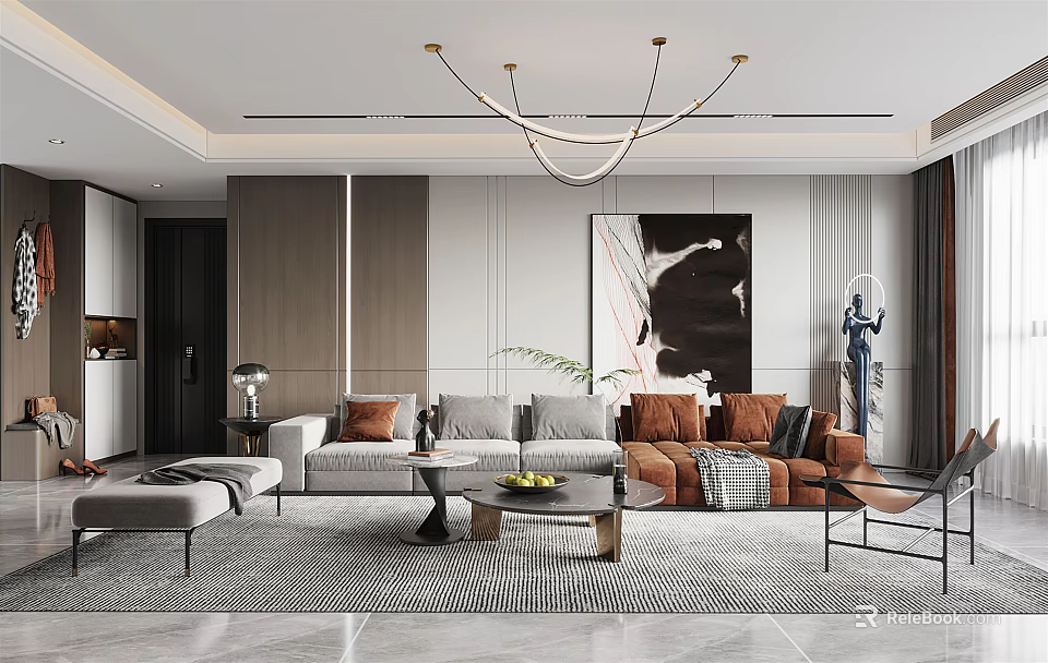 Elegant Modern Living Room Interior With Sofa Coffee Table Chandelier And Decorative Painting 3d model 