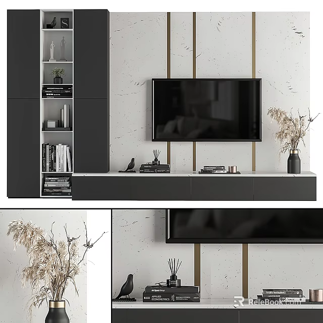 Modern TV Wall Design With Stone Texture TV Stand Dried Flowers And Gold Accents 3d model 