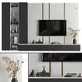 Modern TV Wall Design With Stone Texture TV Stand Dried Flowers And Gold Accents