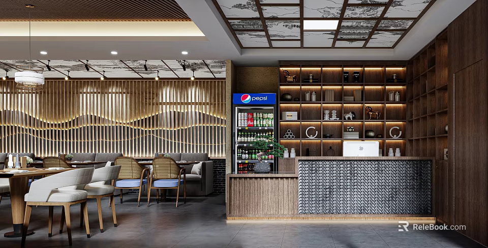 Elegant Reception Desk Area With Wooden Paneling Shelves Decor Pepsi Fridge And Seating 3d model 