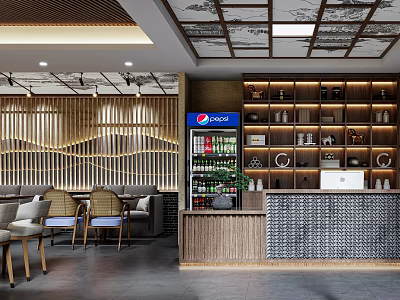 Elegant Reception Desk Area With Wooden Paneling Shelves Decor Pepsi Fridge And Seating 3d model