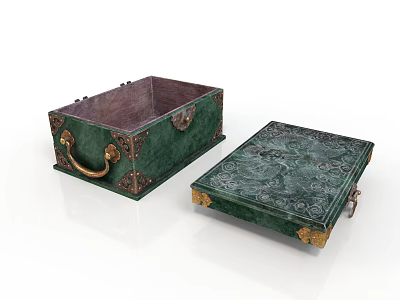 Green Decorative Furniture Chests With Intricate Carved Patterns And Golden Handles Open And Closed 3d model