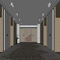 Modern Elevator Hallway Design With Symmetric Doors Patterned Carpet And Recessed Lighting 3d model