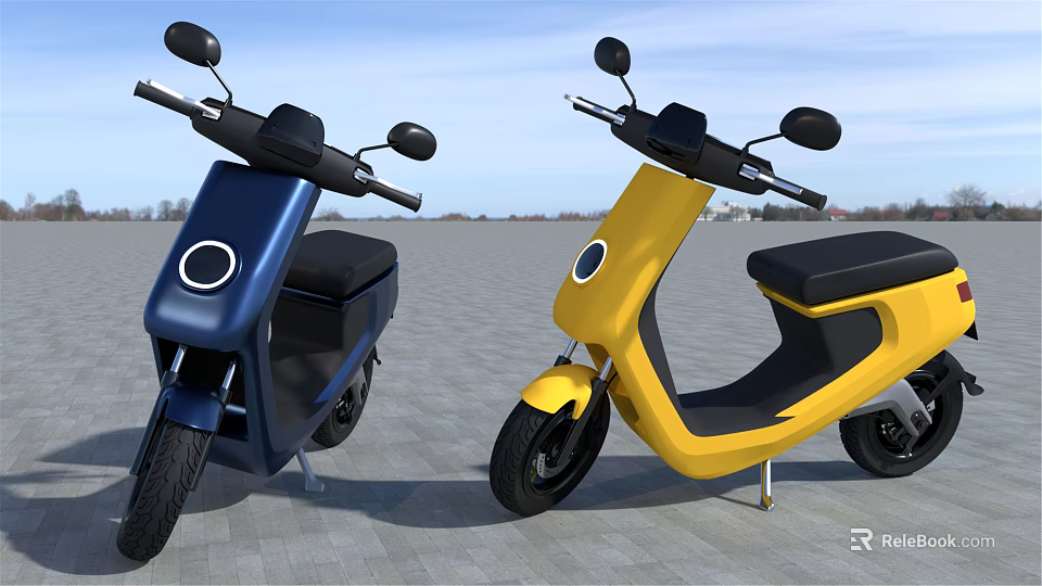 Blue And Yellow Modern Electric Motorcycles Parked On Gray Pavement With Blue Sky 3d model 