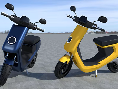 Blue And Yellow Modern Electric Motorcycles Parked On Gray Pavement With Blue Sky 3d model