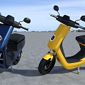 Blue And Yellow Modern Electric Motorcycles Parked On Gray Pavement With Blue Sky