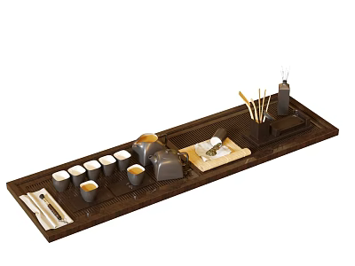 Traditional Tea Set With Dark Wooden Tray Multiple Cups Teapot And Utensils 3d model