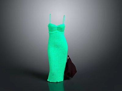 Elegant Green Knitted Sleeveless Long Dress With Brown Leather Handbag 3d model