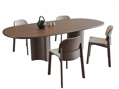 Modern Wooden Oval Dining Table Set with Four Minimalist Matching Chairs 3d model