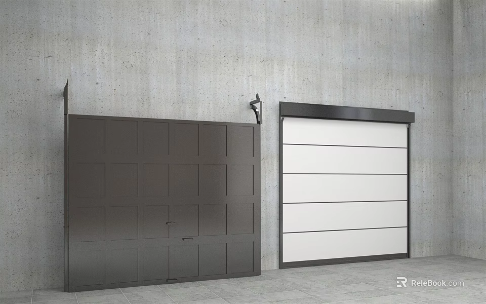 Two Different Colored Garage Doors With Concrete Wall And Wall Lamp Design 3d model 