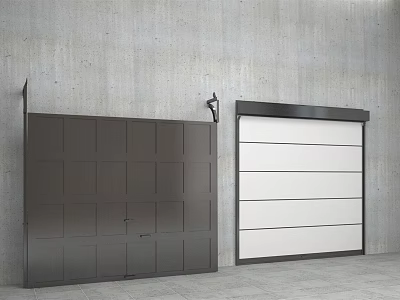 Two Different Colored Garage Doors With Concrete Wall And Wall Lamp Design 3d model