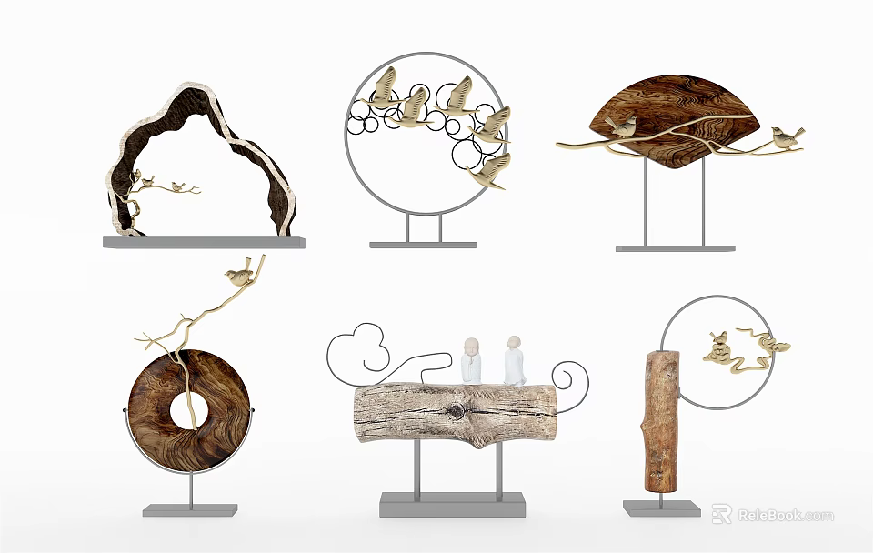 Modern Natural Decorative Ornament Set With Wooden Elements Metal Frame And Bird Cloud Motifs 3d model 