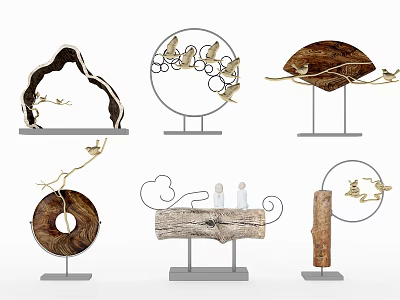 Modern Natural Decorative Ornament Set With Wooden Elements Metal Frame And Bird Cloud Motifs 3d model