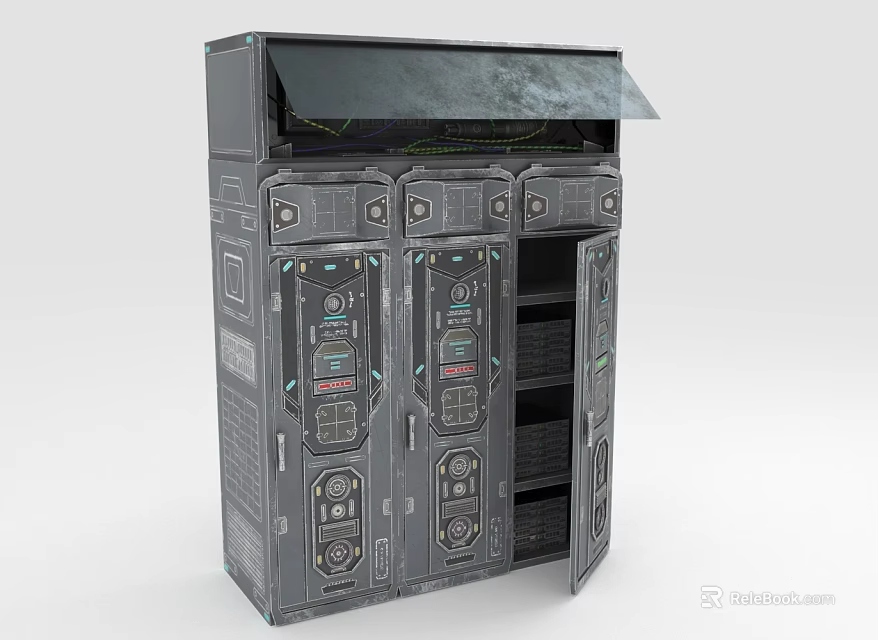 Gray Industrial Computer Server Rack With Control Panels Indicator Lights And Open Doors 3d model 
