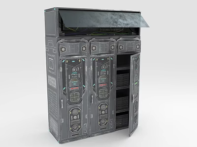 Gray Industrial Computer Server Rack With Control Panels Indicator Lights And Open Doors 3d model