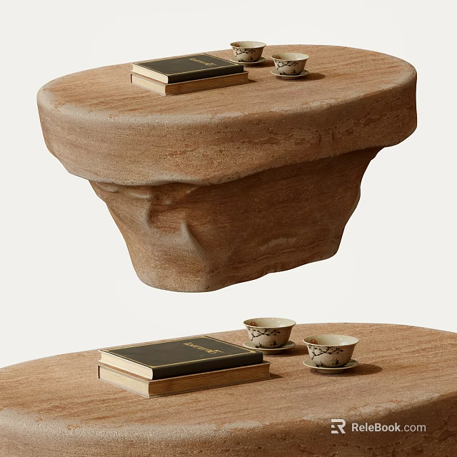 Unique Stone Coffee Table With Irregular Shape And Black Books Tea Cups Saucers 3d model