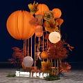 Decorative Outdoor Installation With Bamboo Frame Orange Lanterns Flowers And Maple Leaves At Night