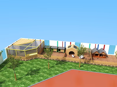 Charming Garden Features With Green Lawn Small Trees Wooden Huts And Colorful Striped Walls 3d model