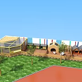 Charming Garden Features With Green Lawn Small Trees Wooden Huts And Colorful Striped Walls
