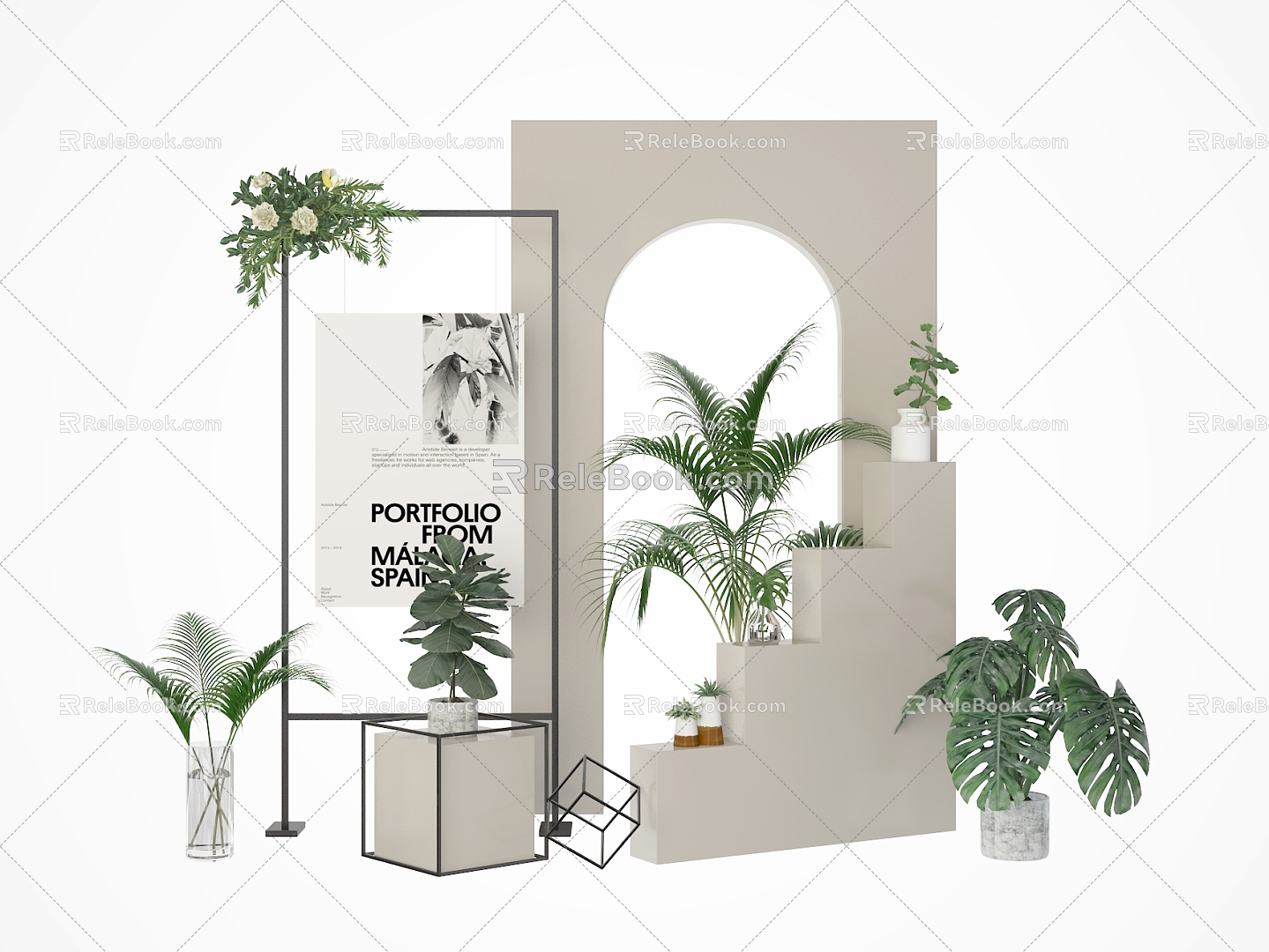 Modern Meichen Materials Exhibition Window Plant Combination Small Scene Plant Green Plant Window Meichen Europe Exhibition Rack Exhibition Area Scenic Spots 3d model