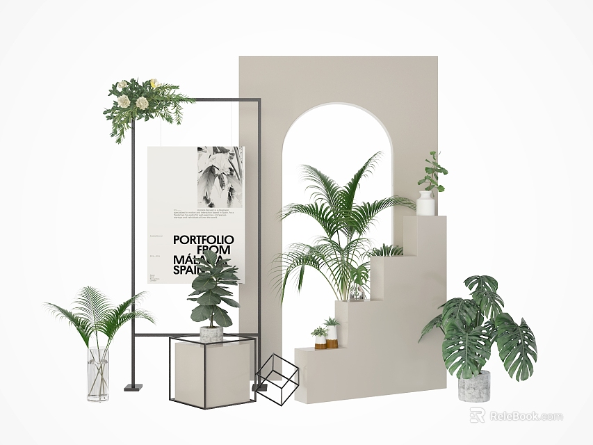 Floral Display Design With Green Plants Archway Structure Display Stand And Decorative Steps 3d model 