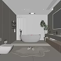 Modern Bathroom Interior Design With Freestanding Bathtub Double Vanity Large Mirror And Plants
