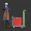 Welder Wearing White Safety Helmet Using Welding Torch With Red Machine And Green Gas Cylinder