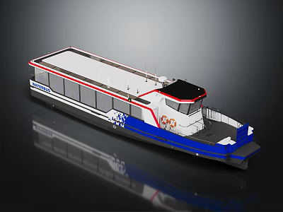 Modern Passenger Ferry With White Blue Red Stripe Large Windows And Open Deck Design 3d model