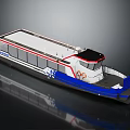 Modern Passenger Ferry With White Blue Red Stripe Large Windows And Open Deck Design