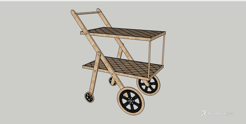 Wooden Two Tier Serving Cart With Open Shelves And Rolling Wheels 3d model 