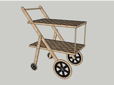 Wooden Two Tier Serving Cart With Open Shelves And Rolling Wheels 3d model