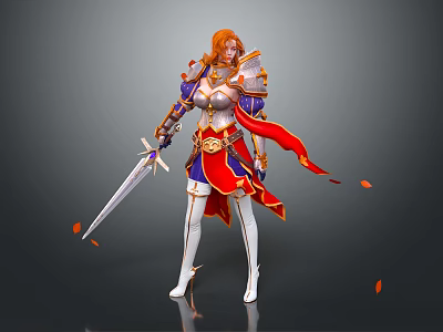 Red Haired Warrior Character In Armored Outfit Holding Sword With Falling Leaves 3d model