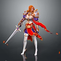 Red Haired Warrior Character In Armored Outfit Holding Sword With Falling Leaves