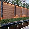 Textured Feature Wall With Green Plants Water Reflection And Illuminated Accents