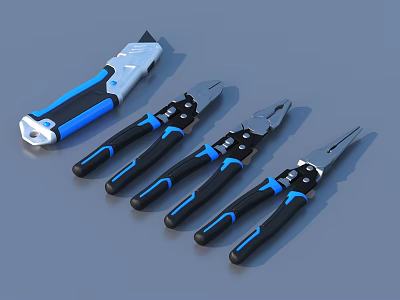 Hardware Tools Set With Utility Knife And Various Pliers Featuring Blue Black Handles 3d model