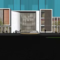 Modern Garden Landscape with Trees Seating Areas Paved Ground and Building Facade