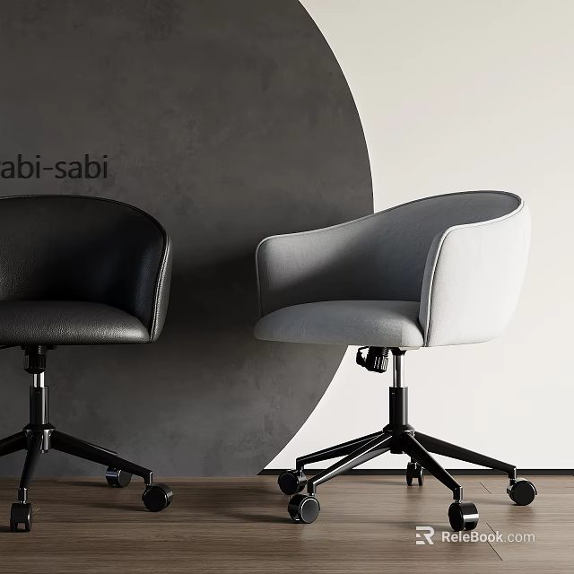 Wabi Sabi Office Chair With Black Leather Gray Fabric And Swivel Rolling Base Design 3d model 