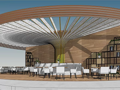 Modern Café Interior Design With Curved Wooden Roof Yellow Columns White Tables And Chairs 3d model