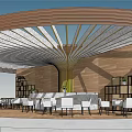 Modern Café Interior Design With Curved Wooden Roof Yellow Columns White Tables And Chairs