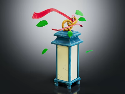Decorative Blue Pillar With Red Ribbon Golden Ring And Falling Green Leaves 3d model