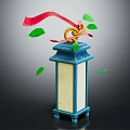 Decorative Blue Pillar With Red Ribbon Golden Ring And Falling Green Leaves