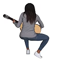 Woman Holding Acoustic Guitar Wearing Gray Long Sleeve Top Blue Ripped Jeans and White Sneakers
