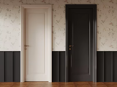 Light And Dark Colored Swing Doors With Modern Design On Floral Wallpaper And Wooden Flooring 3d model