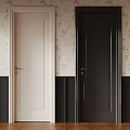 Light And Dark Colored Swing Doors With Modern Design On Floral Wallpaper And Wooden Flooring